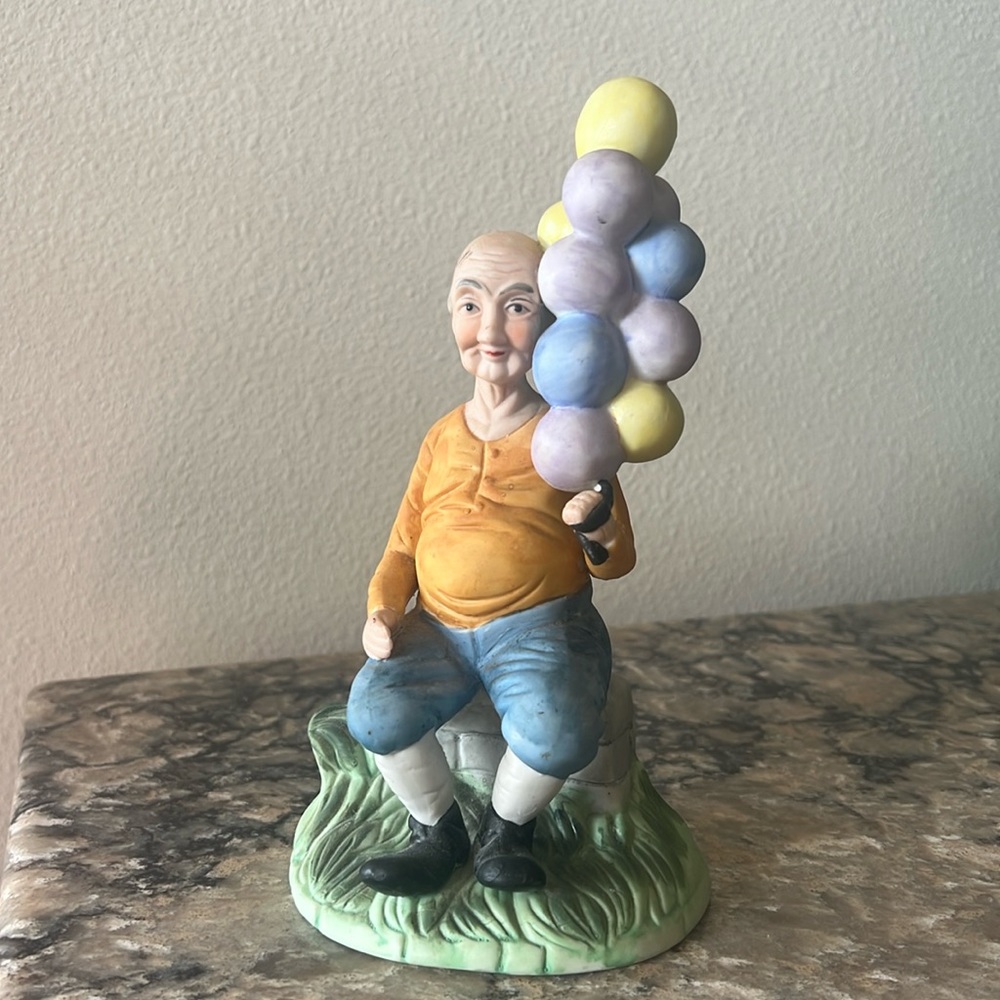 Vintage Old Man With Ballons Ceramic Figure